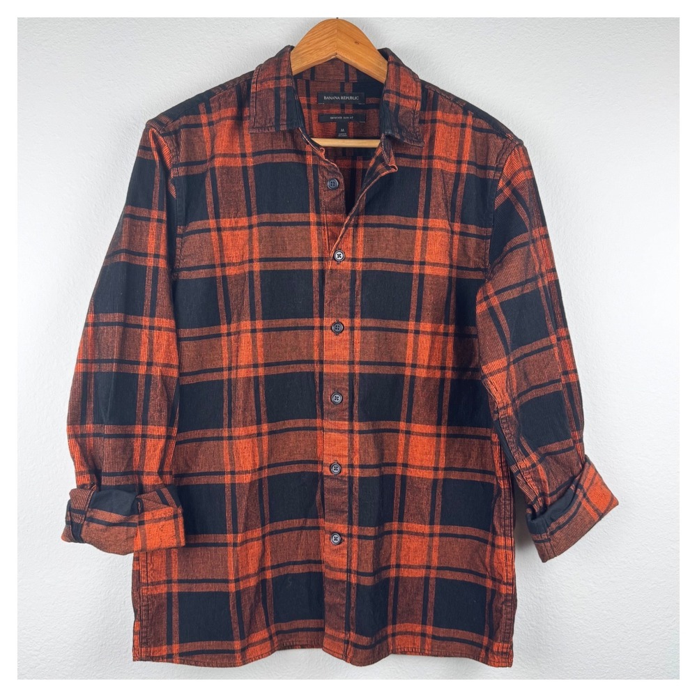 Banana Republic Shirt Mens M Orange Black Excellent Untucked Slim Fit Corduroy